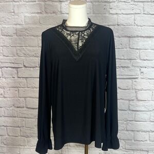 Halogen Women's 1X Black Lace Yoke Long Sleeve Blouse Luxurycore Chiccore